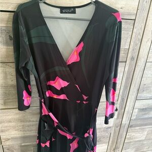Fighting Eel Black and Pink Floral faux Wrap Dress